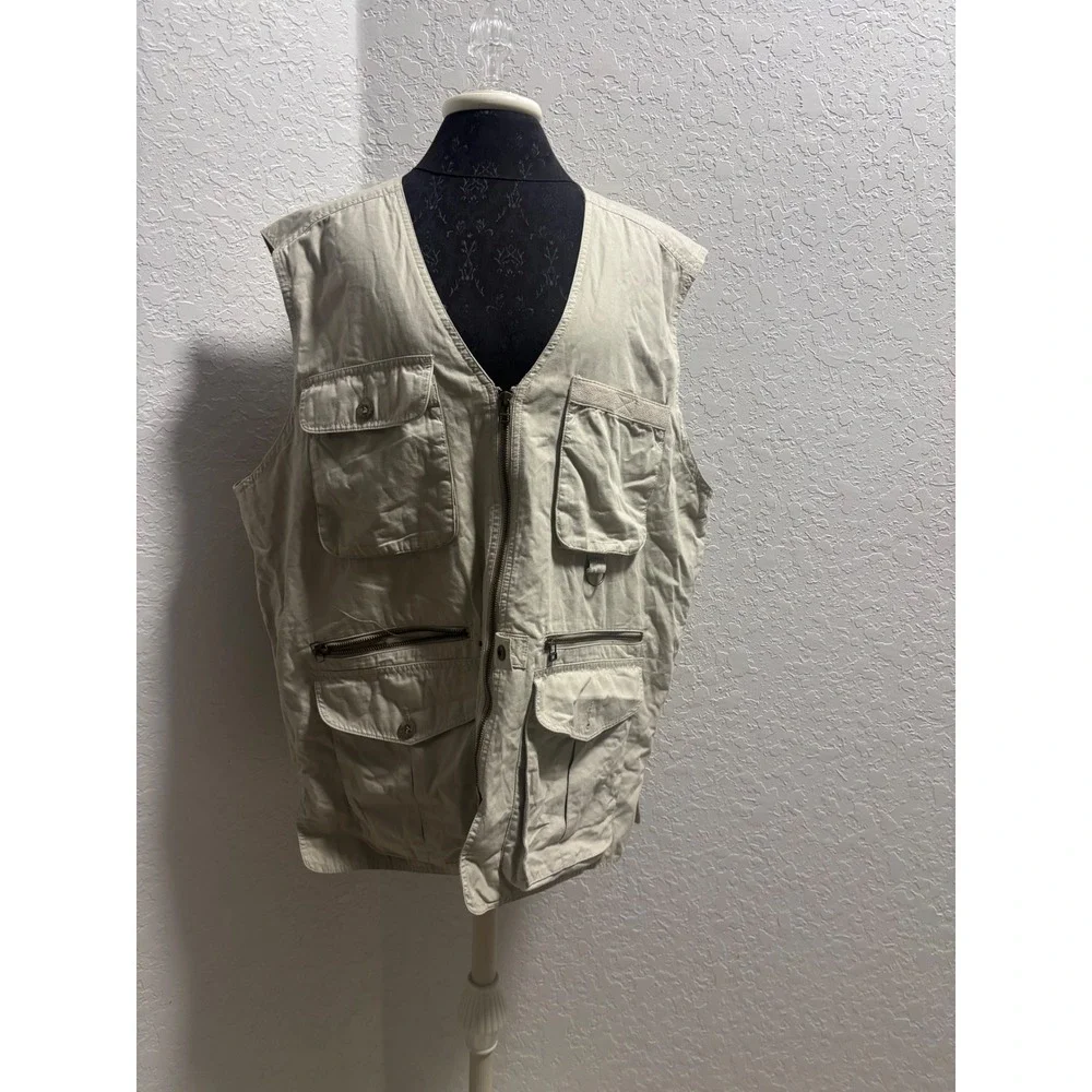 Eddie Bauer Mens Tan Khaki Cotton Multi-Pocket Utility Fishing Vest Size Large